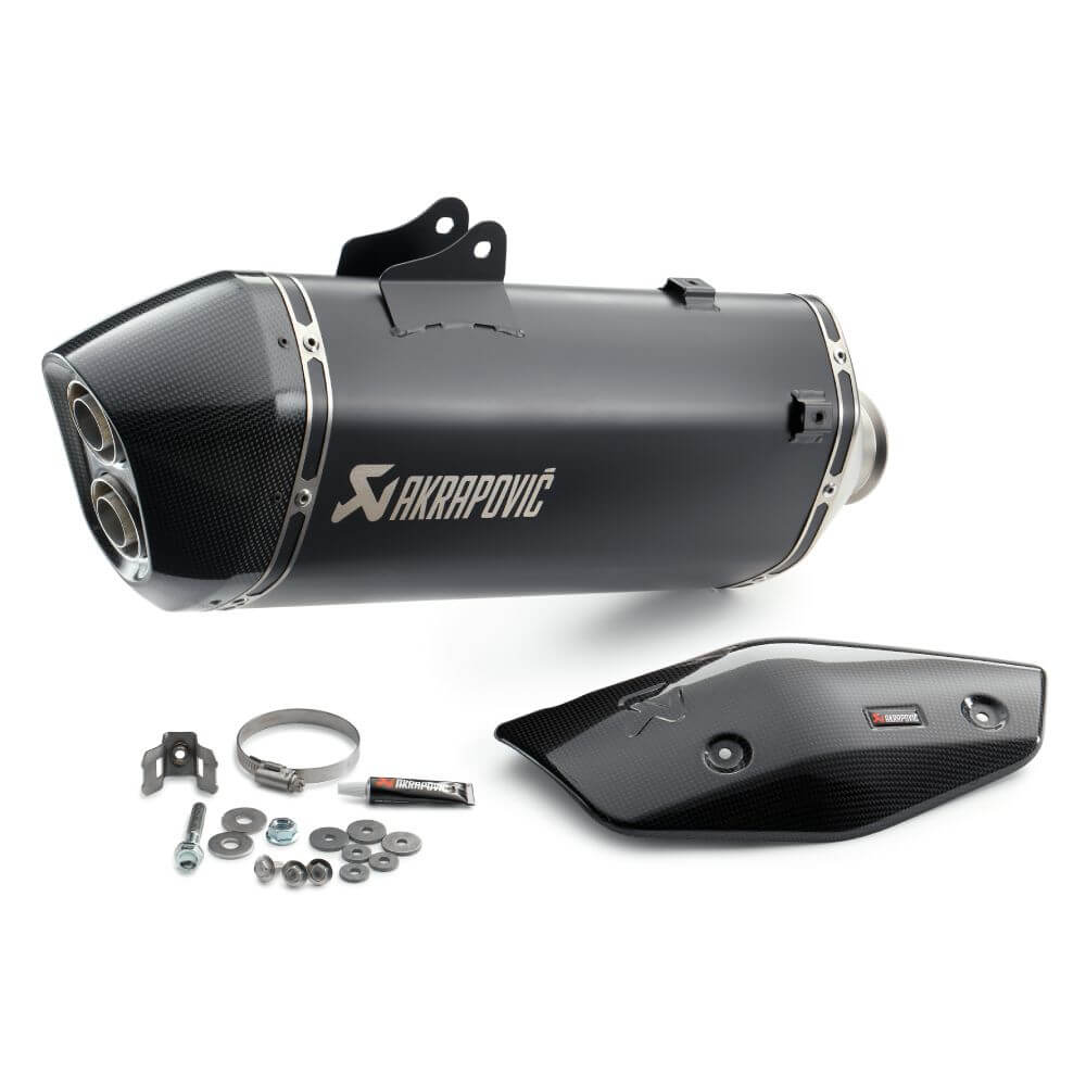 KTM Akrapovic black titanium slip-on silencer 6070597900033 with carbon heat shield and mounting hardware